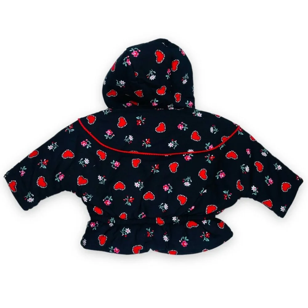 Vintage Baby Girls Black + Red Heart + Floral Print Winter Puffer Coat 12m